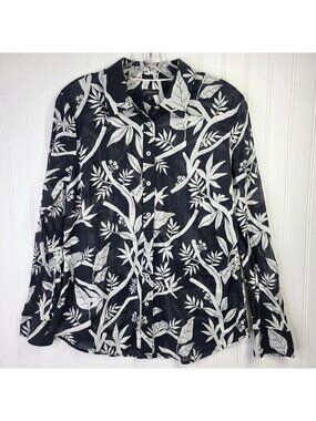 Talbots Shirt Womens Medium Black White Leopard Jungle Print Semi Sheer Top